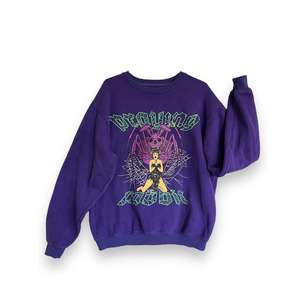 Praying Rabbit 2-Sided Graphic Sweatshirt Purple Goth Spider Web Pullover Sz L